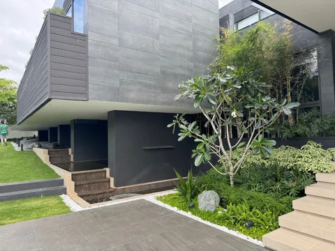 Modern minimalist landscape with plumeria and white gravel at Montala Alviera