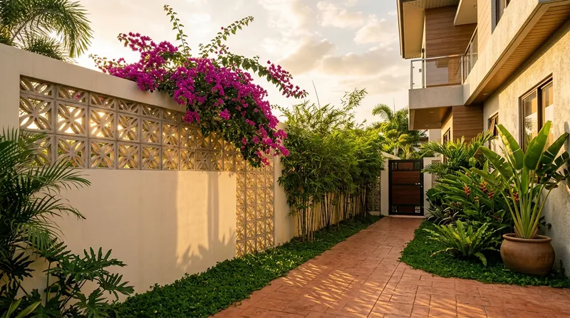 A narrow side-garden strip on a small Philippine lot: a breeze block screen wall topped with cascading bougainvillea, clumping bamboo along the boundary, and a brick path leading to a wooden gate at golden hour.